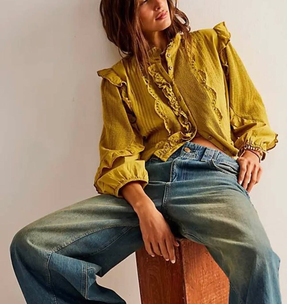 We The Free Free People Mustard Yellow Ruffle Eyelet Blouse M